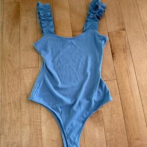 Blue Ruffled Strap Bodysuit